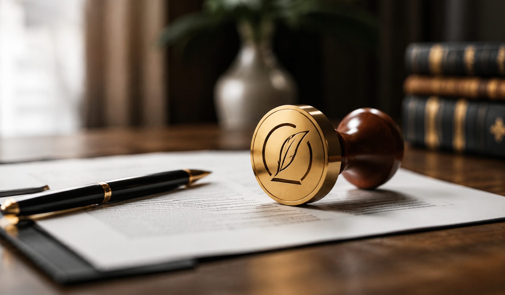 Sello notarial dorado con pluma sobre un documento